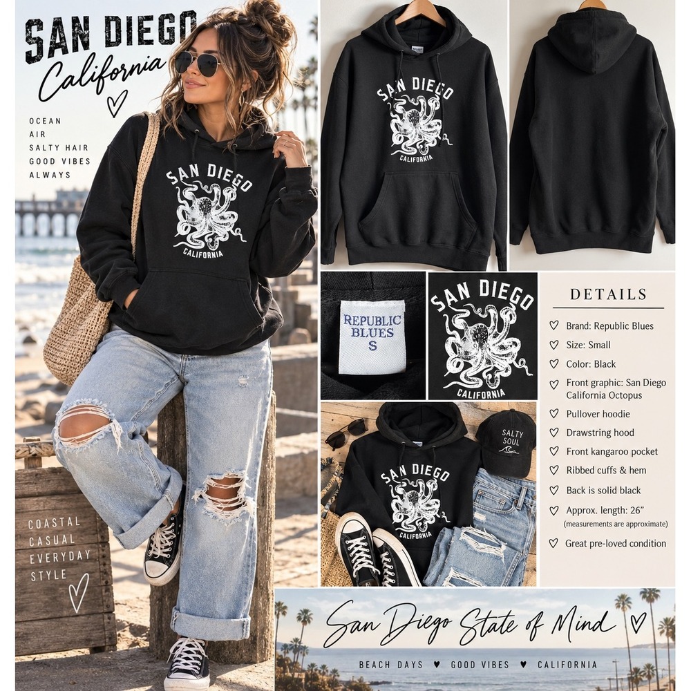 Republic Blues San Diego California Octopus Hoodie Black Small Pullover Graphic